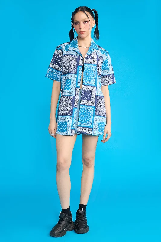 Blue Bandana Print Women's Resort Shirt Classic Women's Pin - striped