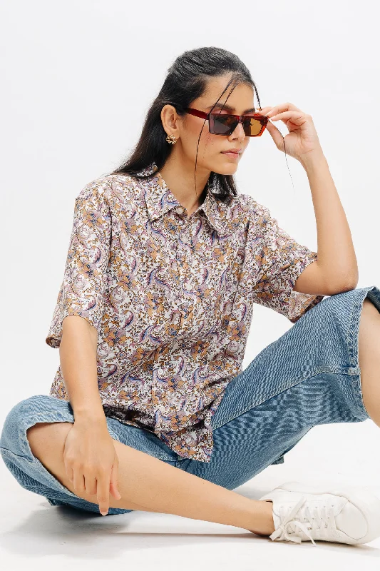 Brown Print Viscose Shirt Sporty Women's Athleisure 