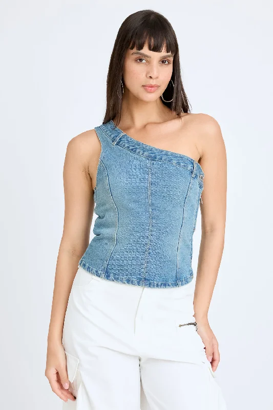 Denim One-Shoulder Top Artistic Women's Hand - painted