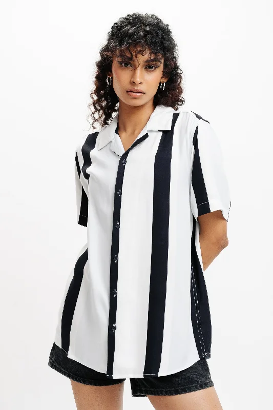 Dark Navy Blue Striped Printed Viscose Shirt Streetwear Style for 