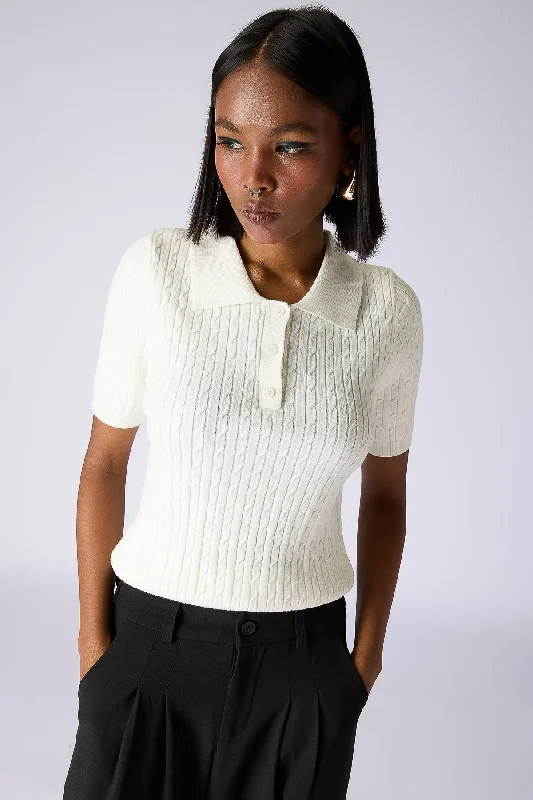 Cable-Knit Polo Top - White Monochromatic Office Style