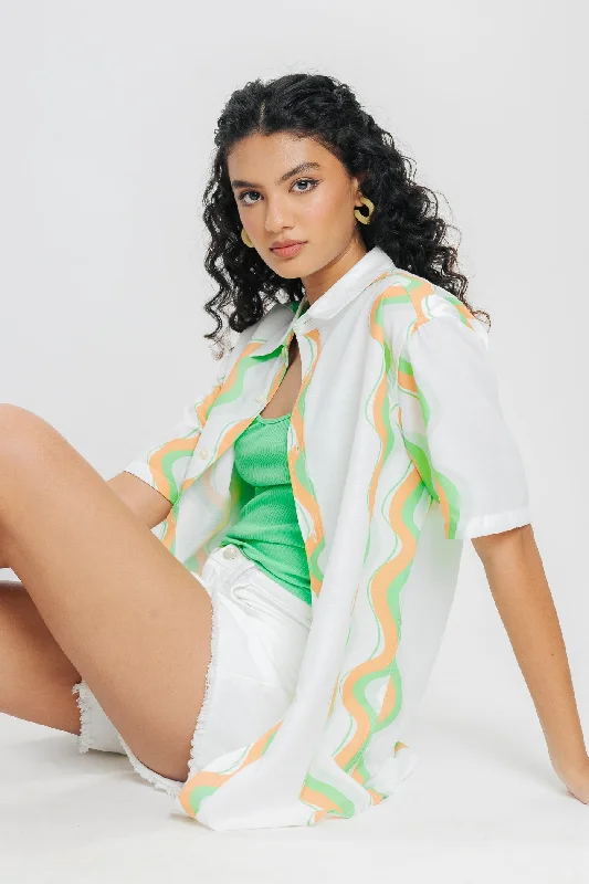 White Abstract Print Shirt Earthy Women's 