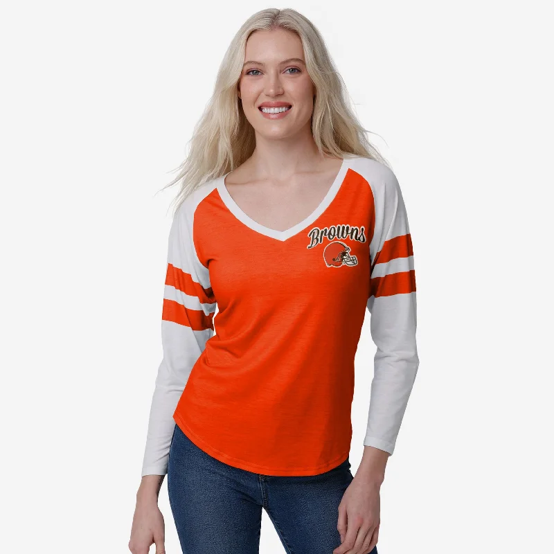 Cleveland Browns Womens Script Wordmark Striped Sleeve Raglan T-Shirt Traditional Women's Wool Cleveland Browns Womens Script Wordmark Striped Sleeve Raglan T-Shirt Traditional Women's Wool