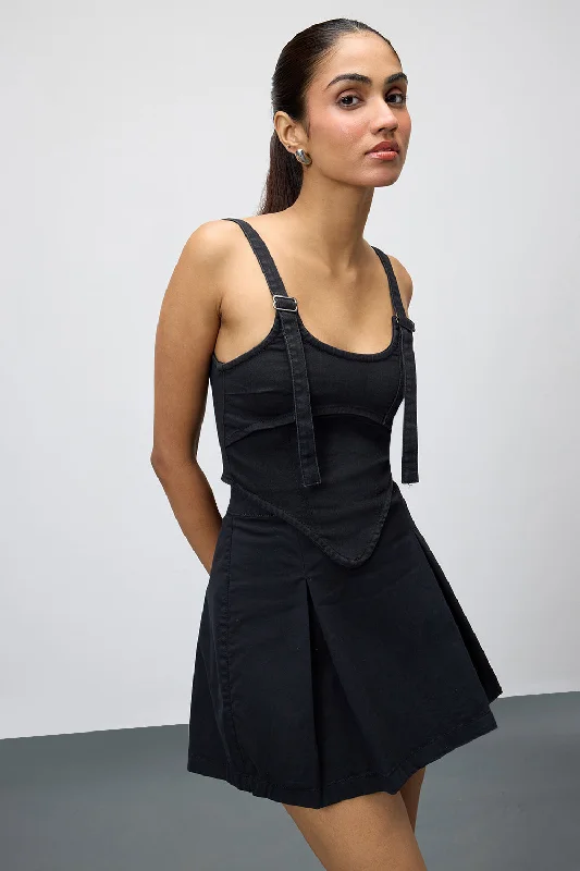 Black Denim Adjustable Strap Bustier Top Contemporary 