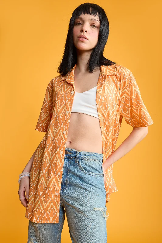 Orange Printed Women's Resort Shirt Polished Women's Silk