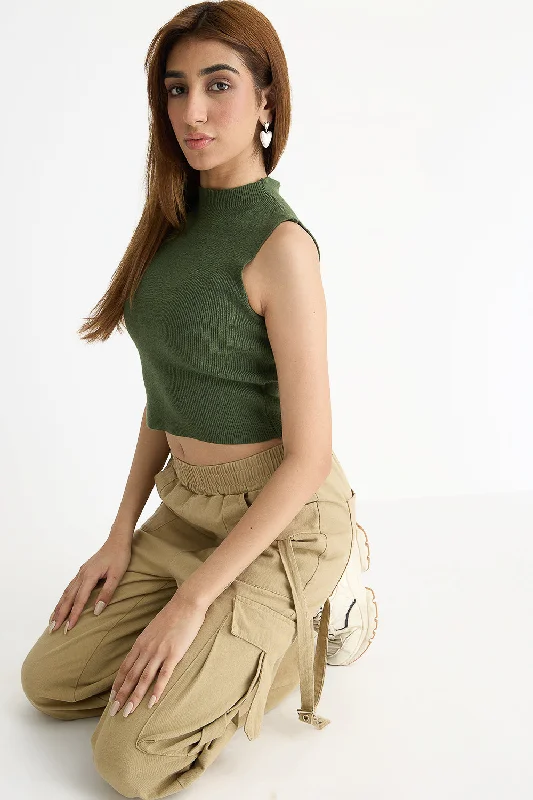Ribbed Turtle Neck Olive Green Top Casual Women's Japanese 