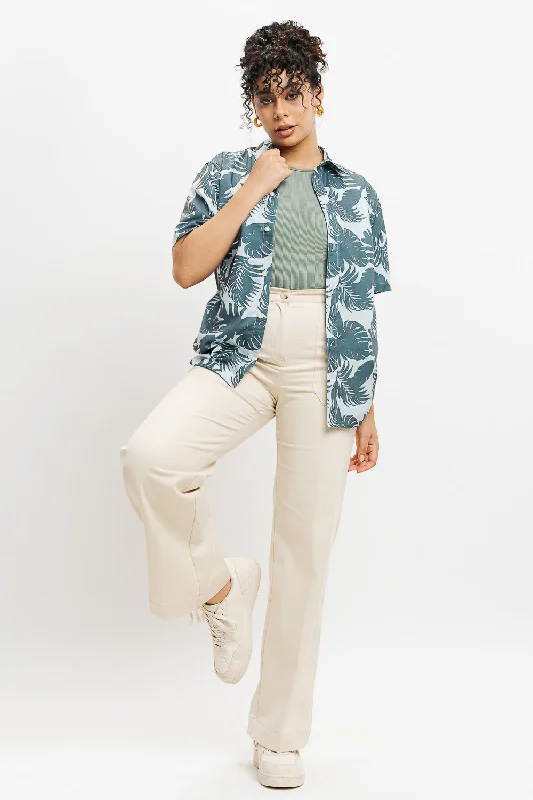 Green Palm Print Women's Resort Shirt Hip Women's Urban