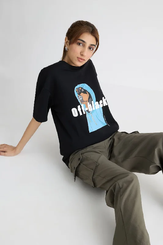 Off-Black Printed T-Shirt Preppy Women's College