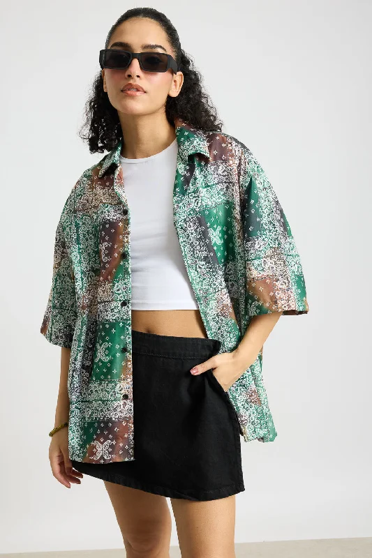 Green Multi Print Women's Resort Shirt Elegant Women's 
