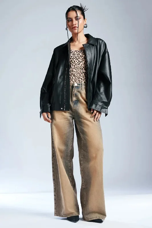 Ebony Elite Leather Bomber Jacket Casual Women's Japanese 