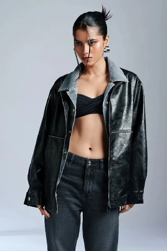 Dark Terrain Layered Leather Jacket Streetwear Style for 