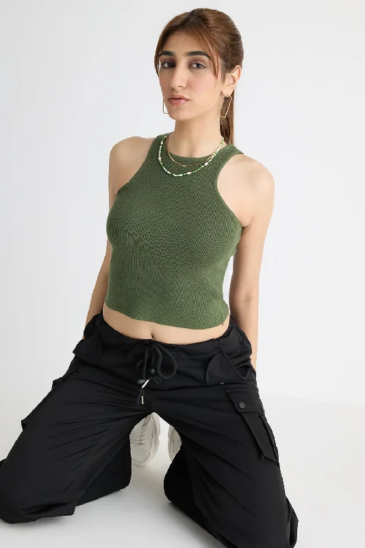 Olive Green Crop Tank Top Trendy Women's 