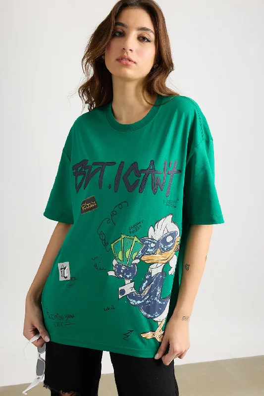 Green I Can't Graphic T-Shirt Cool Women's Distressed