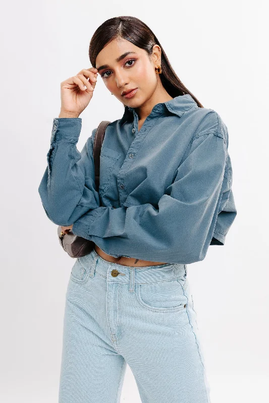 Grey Full Sleeves Crop Shirt Dynamic Women's Moto