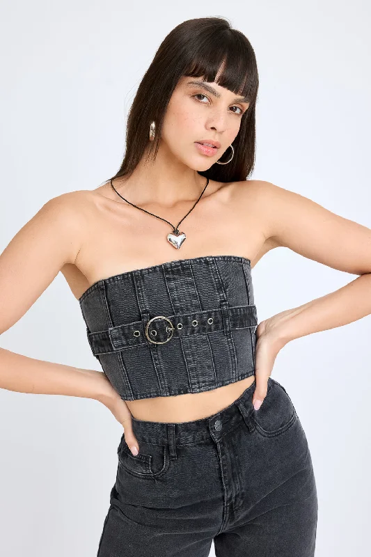 Charcoal Belted Tube Denim Top Sustainable Organic