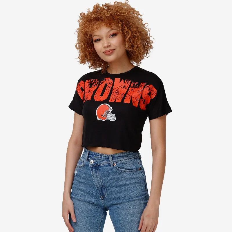 Cleveland Browns Womens Distressed Wordmark Crop Top Dapper Women's Bow - adorned