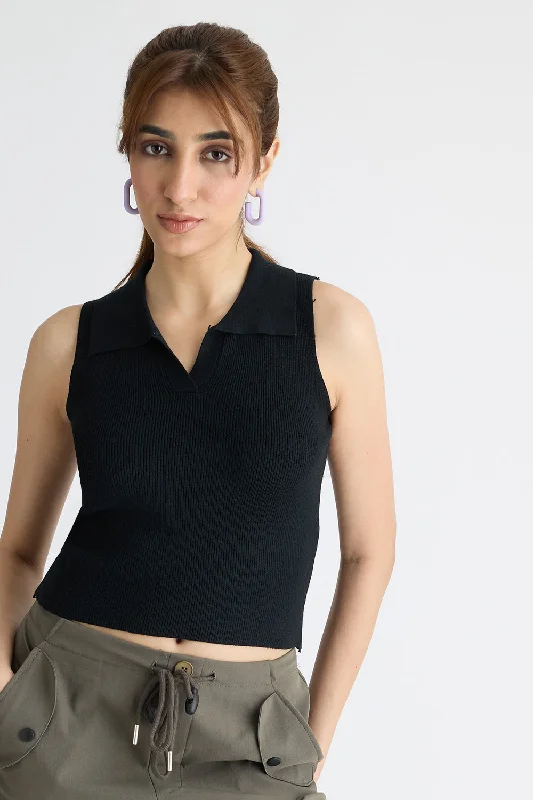 Ribbed Collar Neck Black Top Country