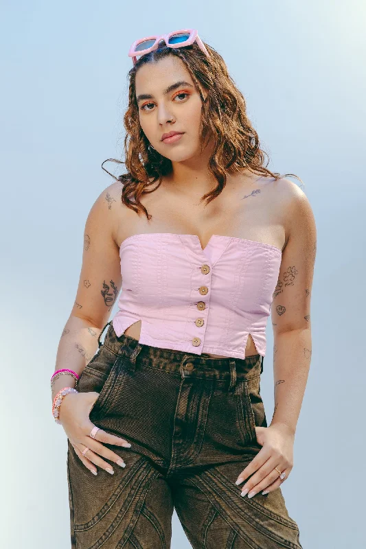 Pink Front Button Tube Top Refined Women's Classic 