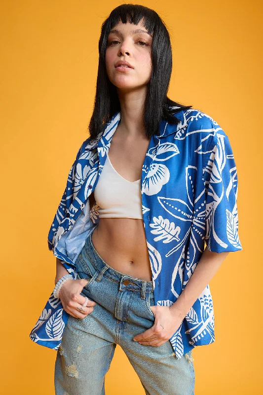 Blue Flower Print Women's Resort Shirt Australian Beach
