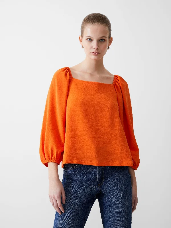 Balloon Sleeve Square Neck Crinkle Top Elegant Women's Formal 