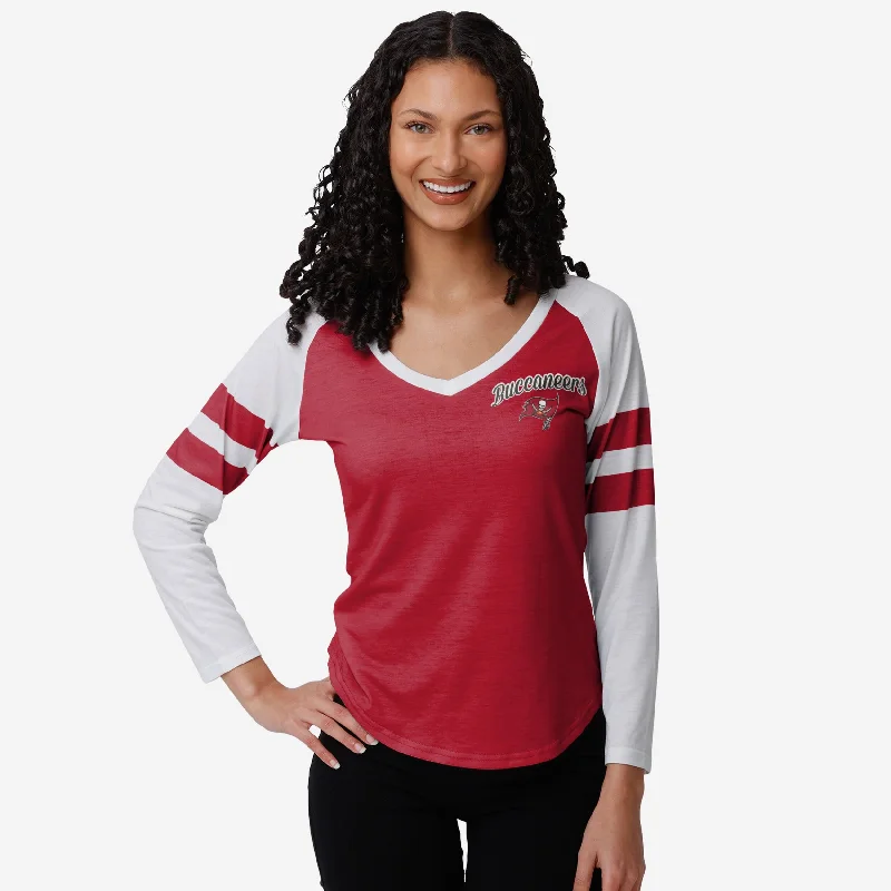 Tampa Bay Buccaneers Womens Script Wordmark Striped Sleeve Raglan T-Shirt Refined Women's 