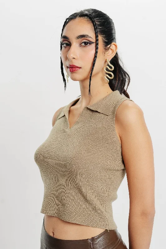 Brown Collared Crop Tank Top Dapper Women's 1920S