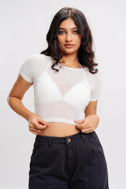 White Mesh Crop Top Vintage Women's 1970S 