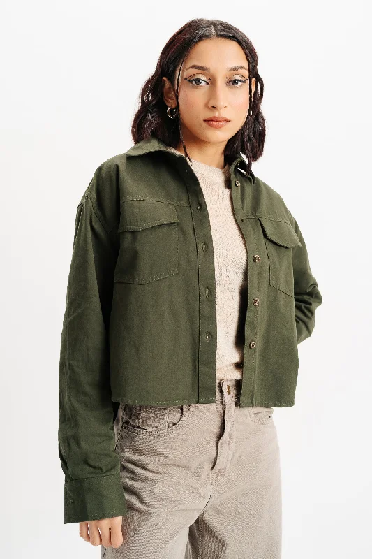 Green Twill Solid Shirt Hip Women's Retro