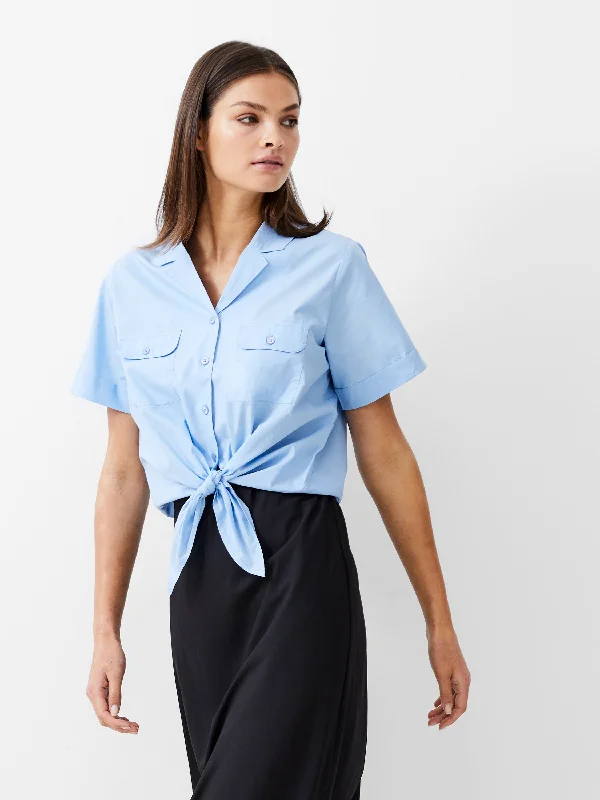 Tie Front Poplin Shirt Casual Women's Loose - fitting