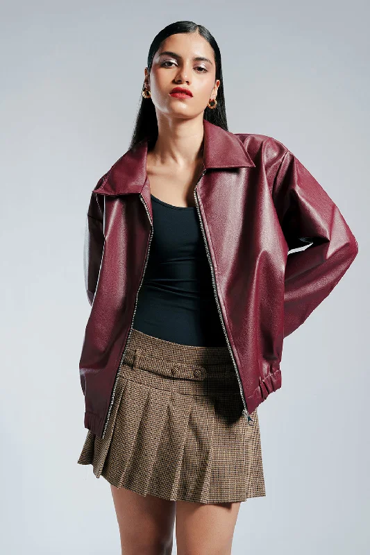 Berry Plum Leather Jacket Dapper Women's Bow - adorned