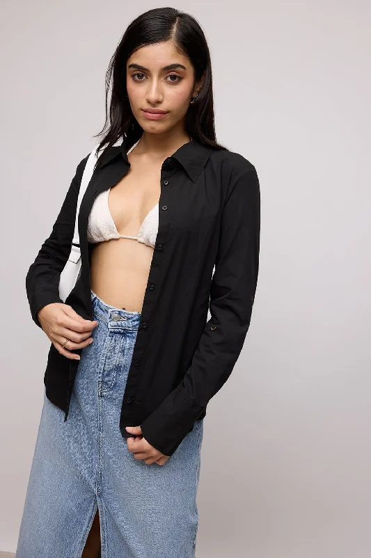 Black Cotton Slim Fit Shirt Casual Women's Japanese 