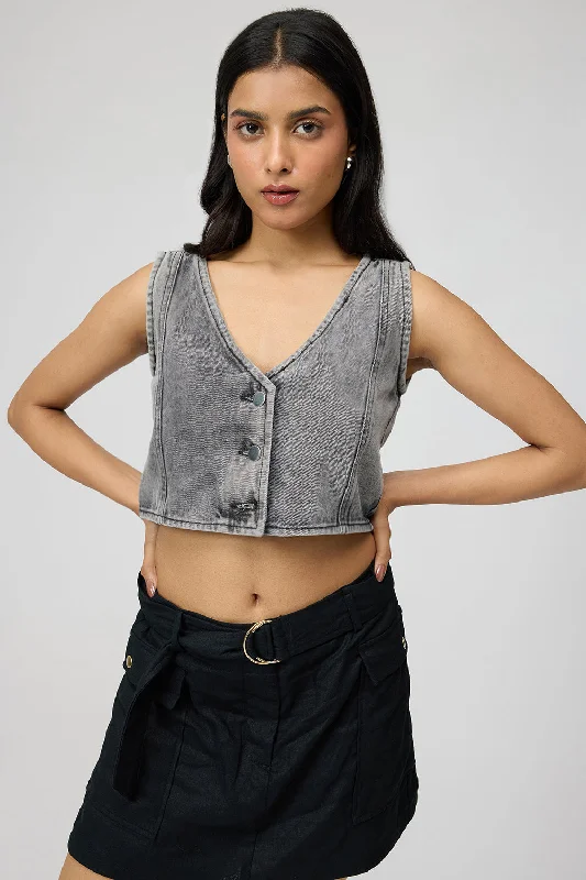 Ash Grey Denim Vest British Gentlewoman Style