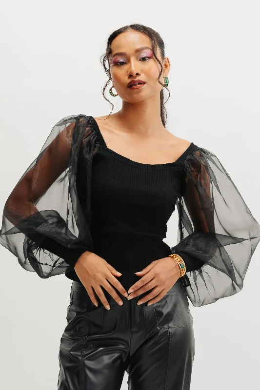 Black Puff Sleeve Top Unique Women's Upcycled