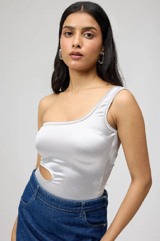 Silver One Shoulder Cutout Bodysuit Sophisticated Women's 