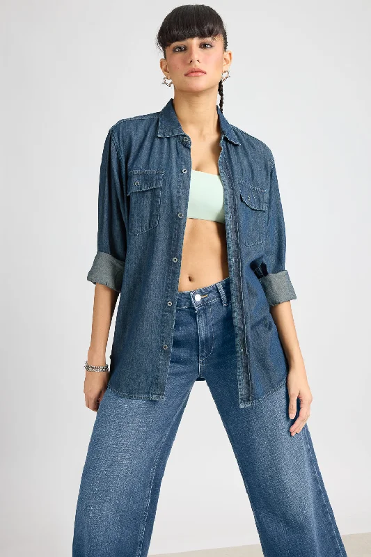 Vintage Washed Women's Denim Shirt Cool Women's Distressed