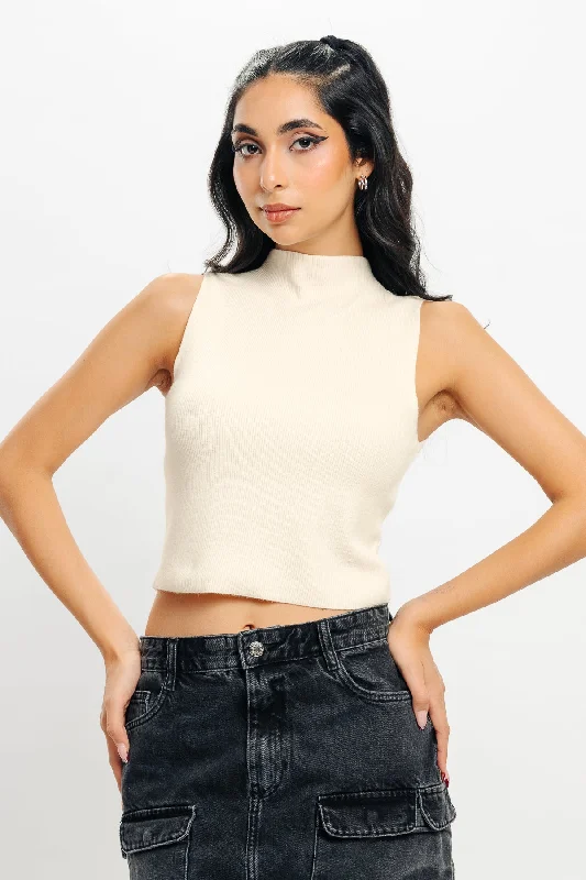High Neck Ribbed Crop Top Youthful Women's Pop