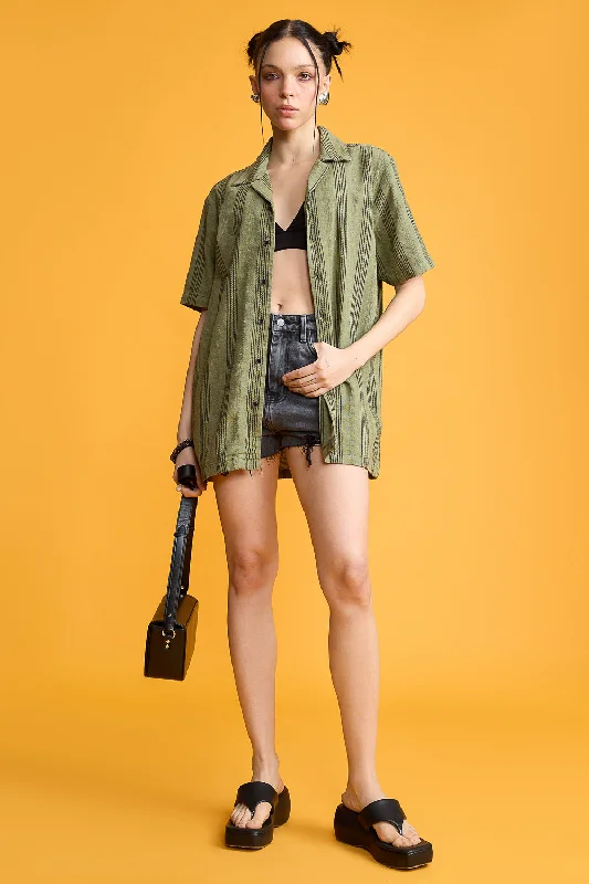 Textured Knit Women's Shirt-Olive Green/Black Stripes Contemporary 