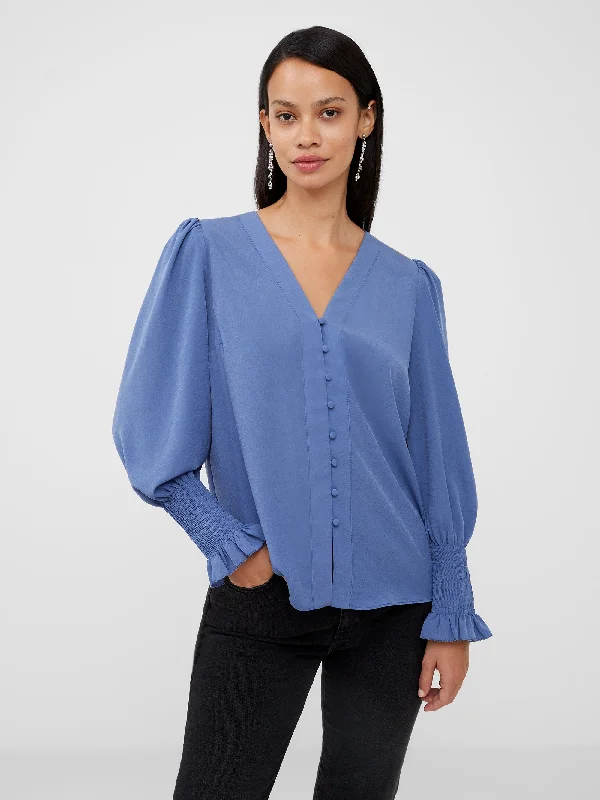 Crepe V-Neck Smocked Sleeve Blouse Vacation