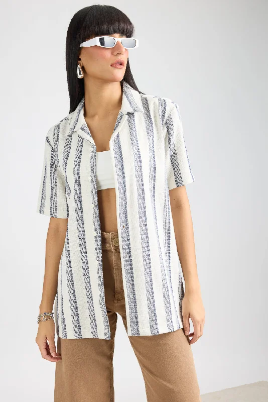 Textured Knit Women's Shirt-White/Navy Stripes Stylish Women's Neon