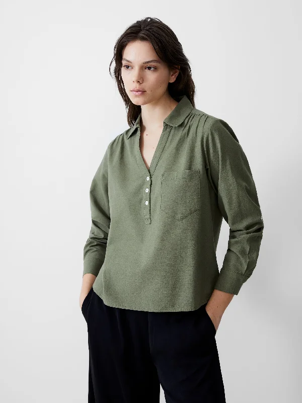 Linen Blend Vee Placket Top Unique Women's Upcycled