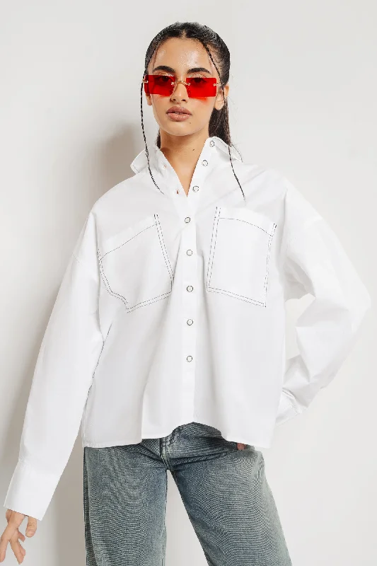 Contrast Stitch White Oversized Shirt Athletic Women's High - 