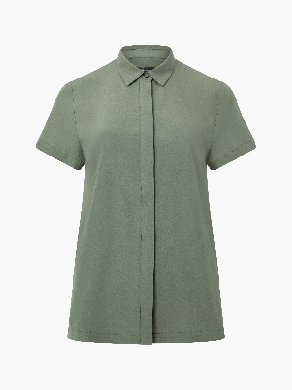 Pleat Back Button Through Short Sleeve Shirt Modern Women's Tech