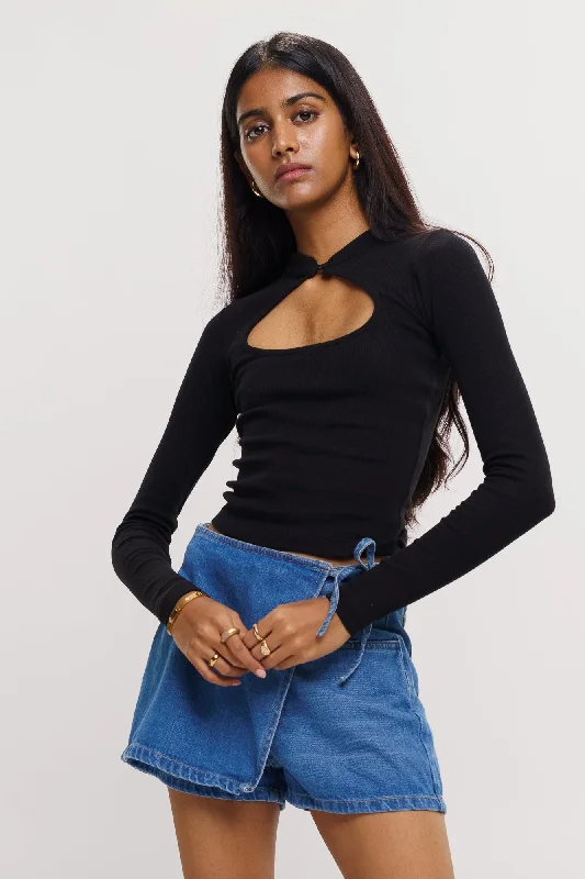 Black Collar Cut Out Top Relaxed Women's 