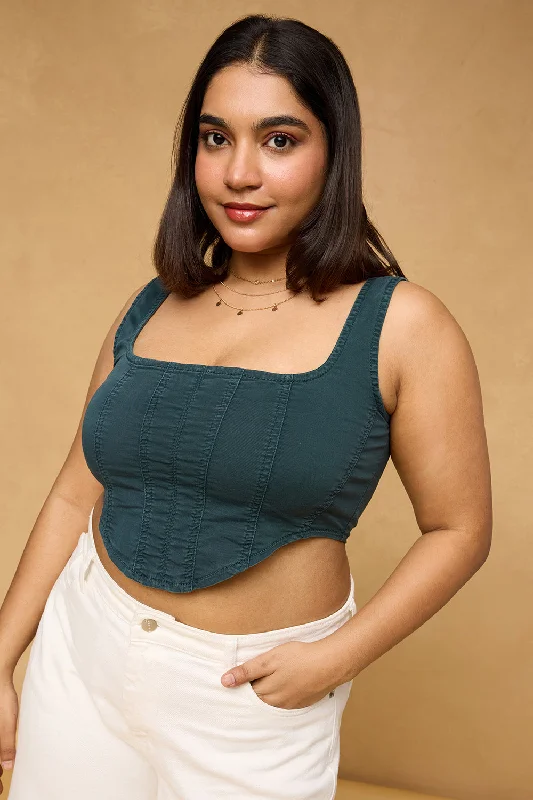Deep Forest Green Denim Bustier Top Youthful Women's Pop