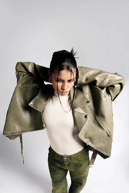 Olive Luxe Leather Biker Jacket Hip Women's Retro