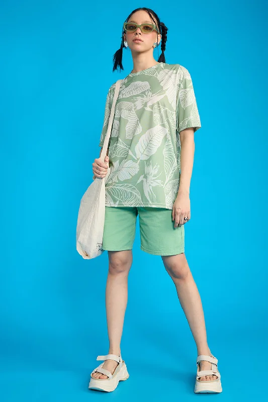 Printed Women's T-Shirt- Leaves Stylish Women's Neon