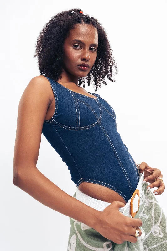 Dark Blue Corset Bodysuit Minimalist Women's Casual