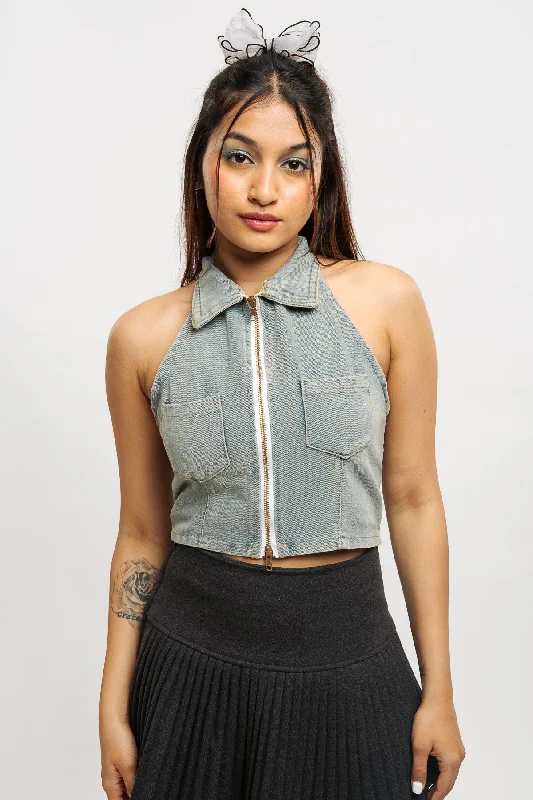 Denim Zipper Halter Top Preppy Women's College