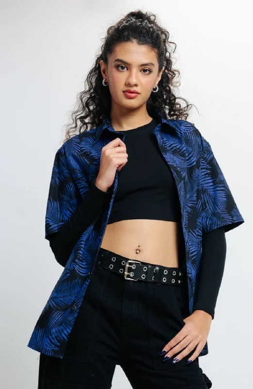 Black Blue Print Shirt Cozy Women's Sherpa - lined