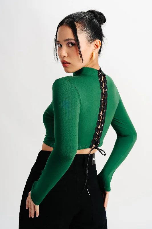 Cropped Long Sleeve Green Knit Top Cozy Women's Winter